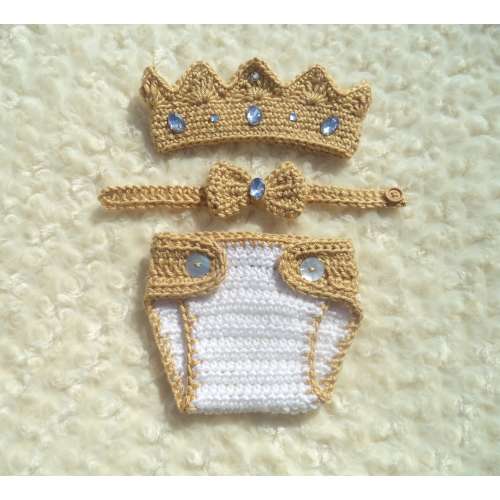 Crochet Baby King Crown, Crochet Prince Outfit, Baby Shower Gift, Newborn King Set, Christmas Gift for Baby, White, Gold