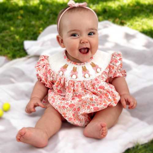 Easter Bunny Smocked Bubble Romper on Pink Liberty Floral, Cottontail Rabbit, Baby Girl, Vintage Style, Baby Gift, Heirloom 717 *D