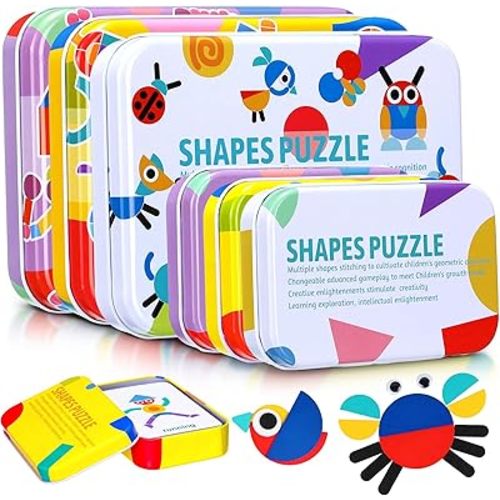 Libima 108 Pcs Open Ended Wooden Shape Puzzles with 180 Pcs Pattern Cards, Wooden Montessori Jigsaw Puzzles Toddlers 3+ Years Old STEM Travel Games for Kids Preschool Education Activity Blocks