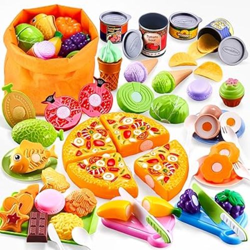 Pretend Play Food Sets for Kids Kitchen Accessories Montessori Toys,66PCS Cutting Toy Food with Pizza,Fruits&Storage Bag,Play Kitchen Pretend Food Toys for 3 Year Old Boys Girls Gift