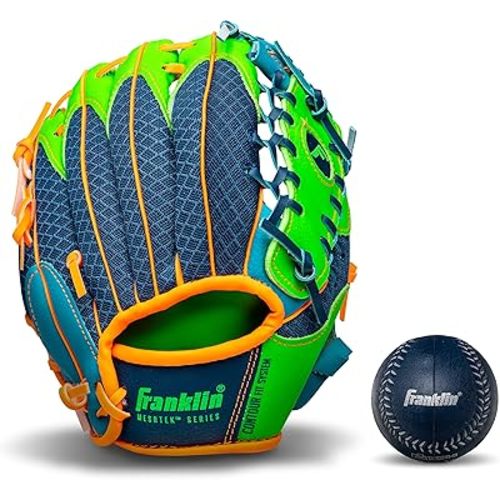 Franklin Sports Kids Baseball Glove + Foam Ball Sets - Meshtek Youth Teeball Gloves for Kids + Toddlers - Left + Right Hand Throw - 9.5" Inch