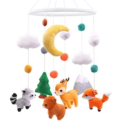 Woodland Baby Mobile Rustic Fox Deer Bear Mountains Nursery Crib Rustic Forest Wilderness Decor No Holder Soft Hanging Plush Animals for Boys Girls Bedroom Cot Cabin Baby