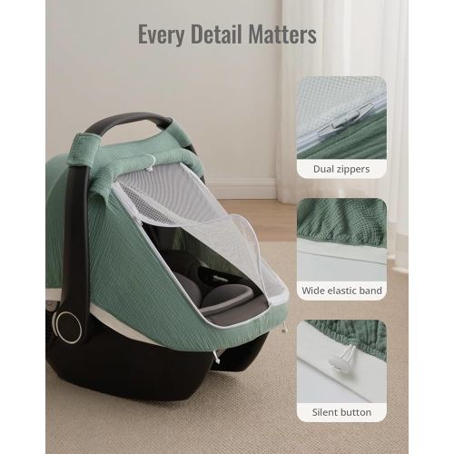 Blissful Diary Baby Car Seat Cover, Extra Large Mesh Window, Breathable Muslin Cotton, Infant Windproof Canopy, Must-Have Baby Gift - Roman Green