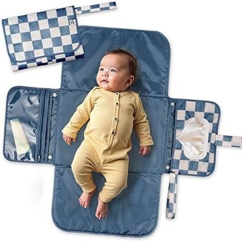 Tiny Twinkle Portable Diaper Changing Pad-Foldable Waterproof Changing Mat&Portable Changing Pad for Travel,Baby Changing Station with Smart Wipes Pocket&Storage (Blue Checkers)
