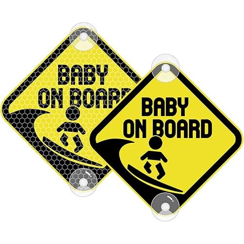 Baby on Board Surf Sticker for Cars, Reflective PVC Car Decals with Suction Cups Double-Side Baby on Board Sign Reflective Baby Safety Warning Car Decal,4.72x4.72 in(Reflective Yellow)