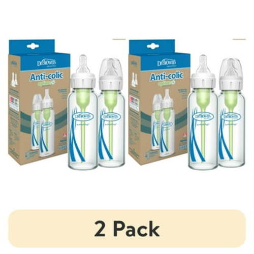 (2 pack) Dr. Brown's Anti-Colic Options+ Narrow Glass Baby Bottle, 8 oz/250 mL, with Level 1 Slow Flow Nipple, BPA Free, 0m+, 2 Pack