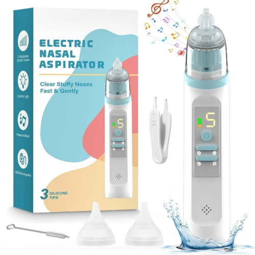 Electric Nasal Aspirator for Baby - Nose Aspirator for Toddlers, Nose Sucker with 3 Silicone Tips, 5 Adjustable Suction Levels, Music and Light Soothing Function - Baby Snot Sucker