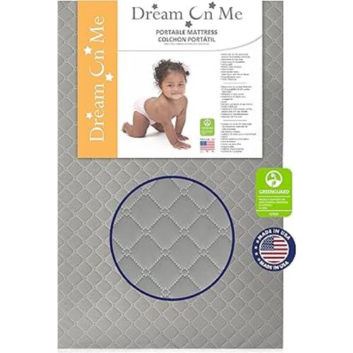 Dream On Me Aster 3" Fiber Portable Mini Crib Mattress, Waterproof Vinyl Cover, Greenguard Gold Certified, Mini Crib Mattress, 38" L x 24" W x 3" Th, Grey
