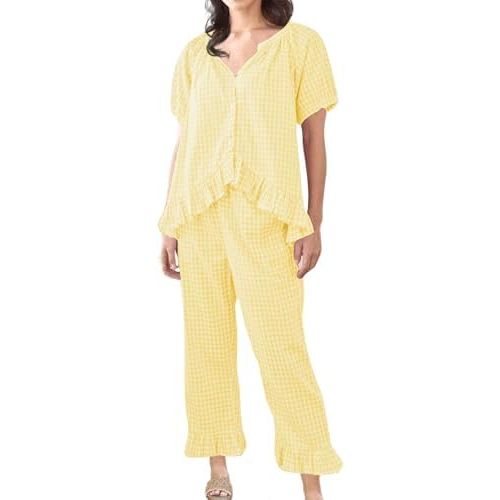 Womens Gingham Pajama Set 2 Piece Short Sleeve Babydoll Shirt and Pants Lounge Set Cute Sleepwear