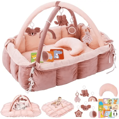 5-in-1 Plush Baby Play Gym, Baby Play Mats, Convertible Baby Gym with Pillow, Tummy time mat, 6 Sensory Toys, Baby Activity Center from Newborn to Toddler, Pet Bed, Cat & Dog Bed, Ball Pit, Pink