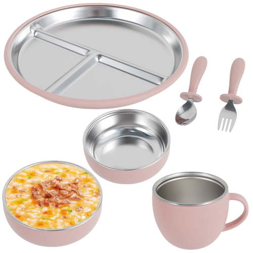 6Pcs Stainless Steel Baby Suction Plate Firm Adhesion Toddler Utensils with 4 Silicone Suction Cup Anti Drop for Children Infant