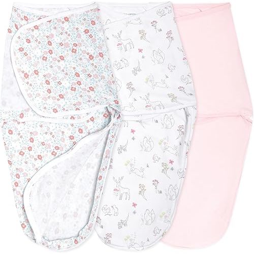 aden + anais Essentials Easy Swaddle Wrap Quick Change with Bottom Zipper, Snug Cotton Knit Baby Wrap Swaddle Blanket for Newborns, TOG 1.0, 3-Pack, Fairy Tale Flowers, 0-3 Months, Small/Medium