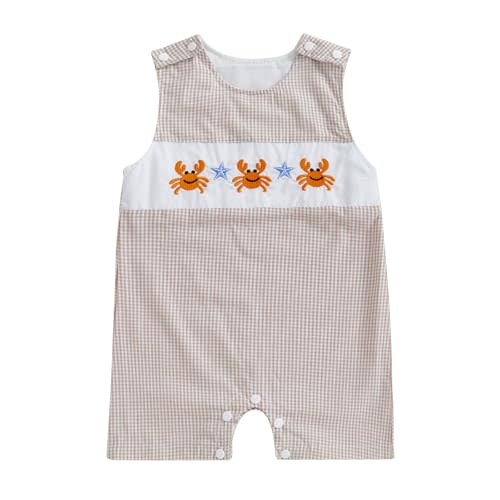 Arvbitana Newborn Baby Boys Sleeveless Seersucker Romper One Piece Straps Overalls Striped Jumpsuit Summer Smocked Clothes