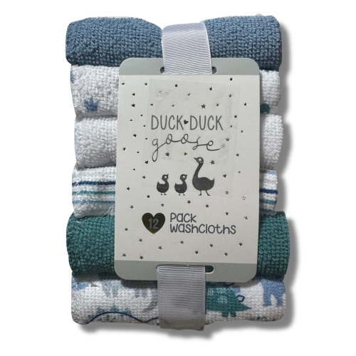 WASHCLOTHS BOYS - DUCK DUCK GOOSE 243 - BLUE DINOSAUR - 12 PACK SOFT BABY BATH