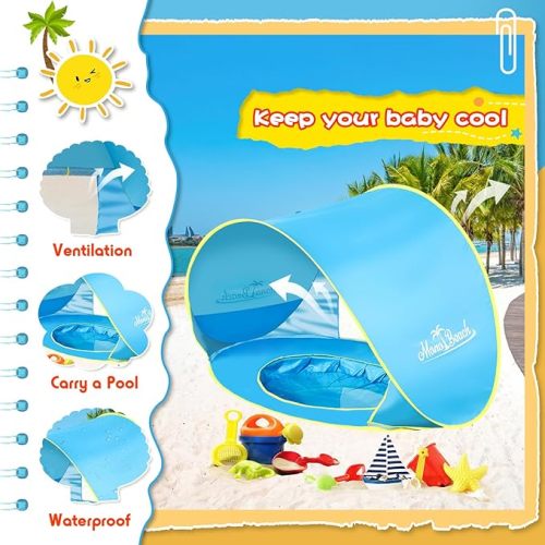 Monobeach Baby Beach Tent with Beach Sand Toys Pop Up Portable Shade Pool UPF50+ UV Protection Sun Shelter for Infant with Easy Set Up Canopy (Blue with Beach Sand Toys)