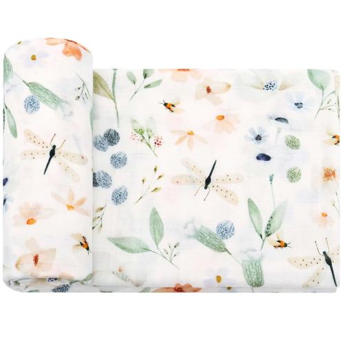 LifeTree Baby Swaddle Blankets, Muslin Swaddle Blankets Boys Girls Swaddling Wrap Receiving Blanket for Newborn, 70% Viscose Bamboo and 30% Cotton, Large 47" x 47", BlueFloral Pattern