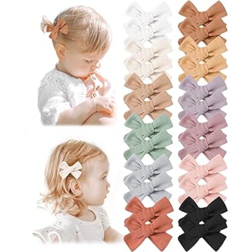 Niceye Baby Hair Clips - 24 Pcs Fully Lined Hair Bow Clips for Fine Hair Cotton Tiny Hair Barrettes for Infants, Toddlers, and Little Girls