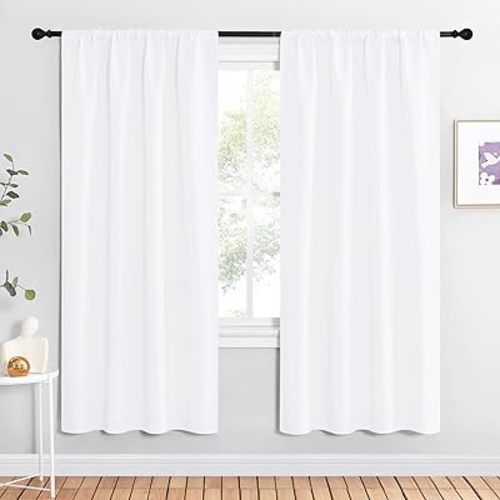 NICETOWN 50% Light Blocking Kitchen Curtains - Window Treatment Rod Pocket Curtains/Drapes for Bedroom (2 Panels, 42 by 72, White)