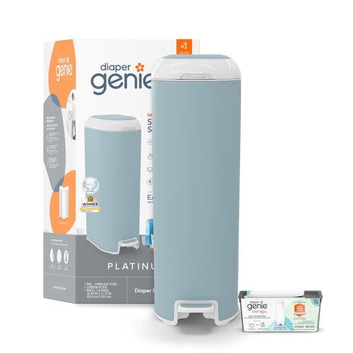 Diaper Genie Select Pail (Blue) is Made of Durable Stainless Steel and Includes 1 Starter Square Refill That can Hold up to 165 Newborn-Sized Diapers.