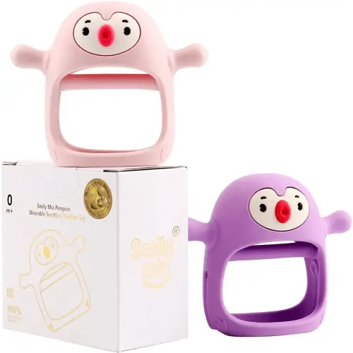 Smily Mia 2Pack Baby Teething Toy for 0-6Month Babies, Penguin Teether for Infants, Anti Dropping Wrist Hand Teethers Baby Chew Toys for Sucking Needs,Teething Pacifiers for Baby Boys, Pink+Purple