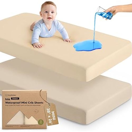 2-Pack Waterproof Pack and Play Sheets, Mini Crib Sheets Fitted for Boy, Girl - 38 x 26 Viscose from Bamboo Pack N Play Mattress Sheets for Graco, Toddler Playard Baby Crib Sheets Neutral (Macadamia)