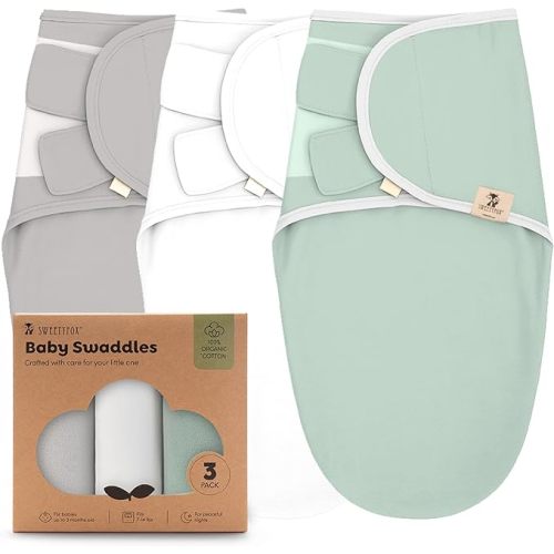 Sweety Fox 3-Pack Organic Baby Swaddle Sleep Sacks - Swaddles for Newborns, Infant 0-3 Months, Baby Girls, Boys, Soft & Snug Newborn Sleep Sack, Nursery Swaddling Blankets, Velcro Closure (Moss)