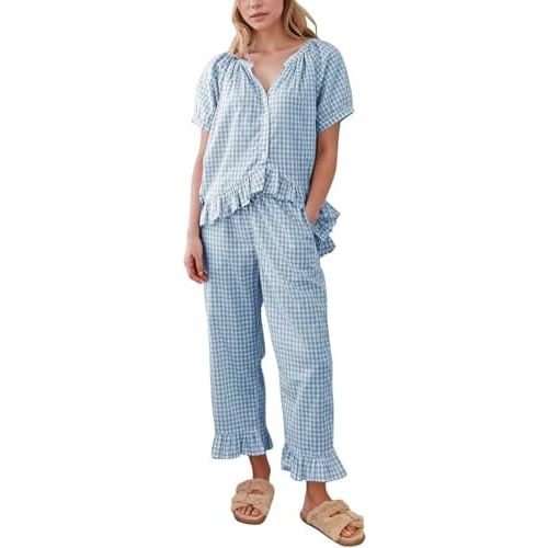 Flygo Womens Plaid 2 Piece Pajamas Sets Gingham Button Down Puff Sleeve Babydoll Shirt Ruffle Pants Y2K Pjs Lounge Set