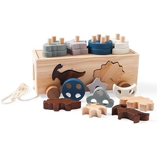 Montessori Toys for 1 2 3 Years Boys Girls Birthday Gift, Wooden Stacking Toys Preschool Learning Fine Motor Skills Game for Toddlers - Wood Car & Dinosaurs, Silicone Shape Sorter & Color Stacker