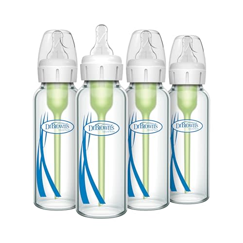 Dr. Brown's Natural Flow Anti-Colic Options+ Narrow Glass Baby Bottle 8 oz/250 mL, with Level 1 Slow Flow Nipple, 4 Pack, 0m+