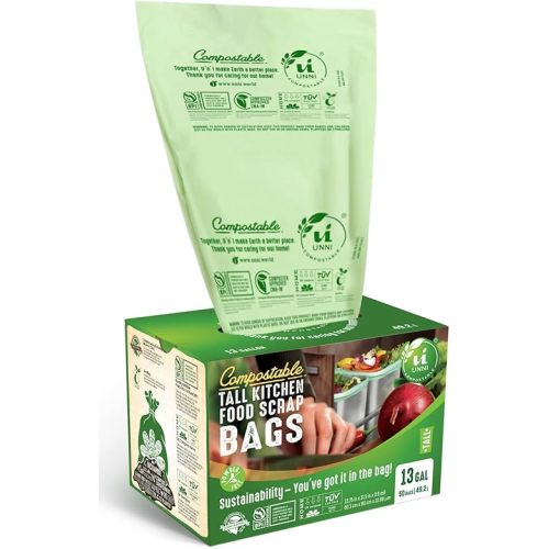 UNNI Compostable Liner Bags, 13 Gallon, 49.2 Liter, 200 Count, Heavy Duty 0.9 Mil, Tall Kitchen Food Scrap Waste Bags, ASTM D6400, US BPI, CMA and Europe OK compost HOME Certified, San Francisco