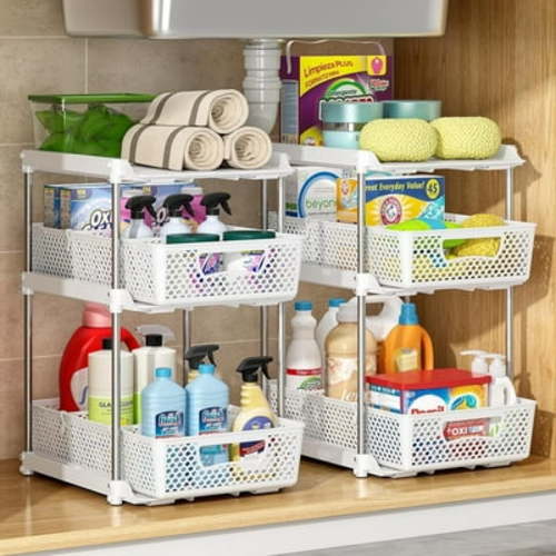 TAIMASI Pull-Out 3 Tier Bathroom Organizers and Storage, Under Sink Organizer, Kitchen Cabinet Organizer Gray, 2 (Count)