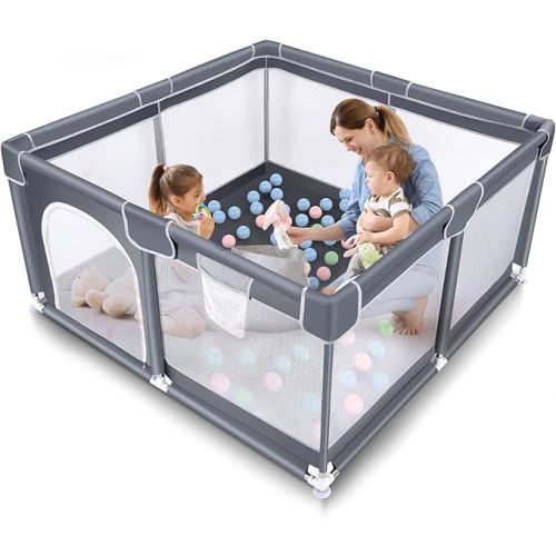Tmsene Playpen for Toddler, 50”×50” Large Baby Playard, Indoor and Outdoor Kids Activity Center, Sturdy Safety Play Yard with Soft Breathable Mesh - Grey