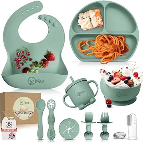 O'doe 11-Piece BPA-Free Silicone Baby Feeding Set | Thick & Soft Suction Plates, Baby Bowls, Wooden Fork & Spoon, and More | Make Mealtime Fun and Easy for Your Little One (Green, V1)