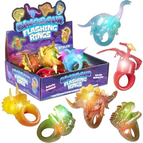 Kangaroo 12 Pack Dinosaur Bulk LED Light up Rings Party Favors for Adults and Kids - Blinking Flashing Glow in the Dark Bumpy Jelly Ring Supplies - Christmas, New Year, Halloween Flash Fun Toys Accessories