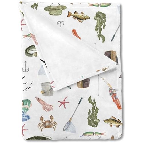 Watercolor Ocean Boat Fishing Baby Blanket for Boy Girl Fishing Lovers Gift Swaddle Blankets Sea Marine Fishing Receiving Blanket Newborn Toddler Nursery Bedding Crib Blanket Daycare Playmat 30x40