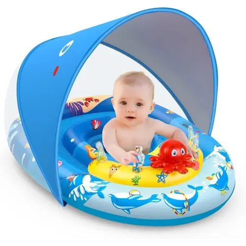 EZIGO Baby Pool Float with Canopy UPF50+ Sun Protection, Inflatable Kids Pool Float with Ocean Animal Toys for Babies 6-36 Months, Infant Swimming Float with Adjustable Safety Seat for Boys Girls
