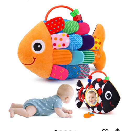 Baby Sensory Tummy Time Toys 0-6 Months Music Fish Toy for Newborn 3 4 5 6 Month Old Black and White High Contrast Infant Toys with Mirror Crinkle Rattle for 3-6 6-12 Months Baby Boy Girl Shower Gifts