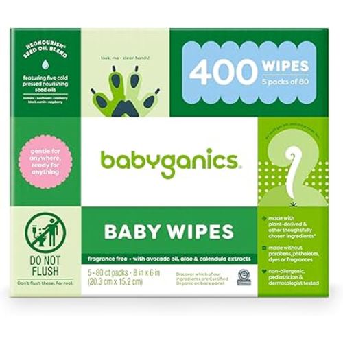 Babyganics Baby Wipes, Unscented Diaper Wipes , 400 Count, (5 Packs of 80), Non-Allergenic and formulated with Plant Derived Ingredients