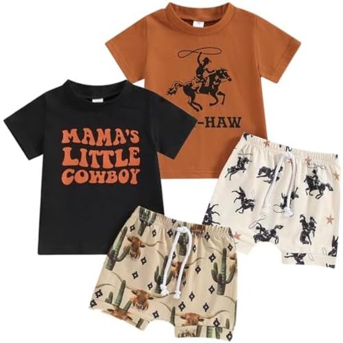 Toddler Baby Cowboys Outfits Western Cow Print Short Sleeves Shirt+Elastic Shorts Baby Boy Casual Summer Clothes Set
