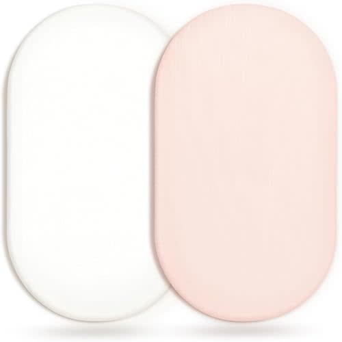 GRSSDER Stretchy Ultra Soft Fitted Bassinet Sheet 2 Pack, Universal Fit for Bassinets Baby Cradle Moses Basket Oval Rectangle Mattress Safe and Snug, Jersey Bassinet Sheets for Girls, White/Pink