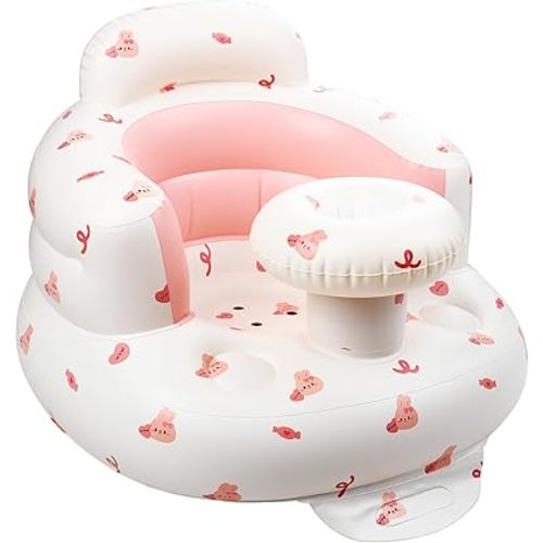 QMVESS Inflatable Baby Seat with Tray, Fully Supportive Infant Floor Seat, Baby Chairs for Entertaining, Built in Air Pump Blow Up, Learning Sit-Up Seat for Infants 3 Months & Up (Pink)