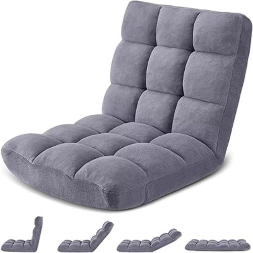 Folding Floor Gaming Chair 14-Poistion Cushioned Adjustable Floor Lazy Sofa Chair w/Breathable Cotton & Skin-Friendly Coral Velve for Adults & Kids Perfect for Reading Gaming Meditating, Grey