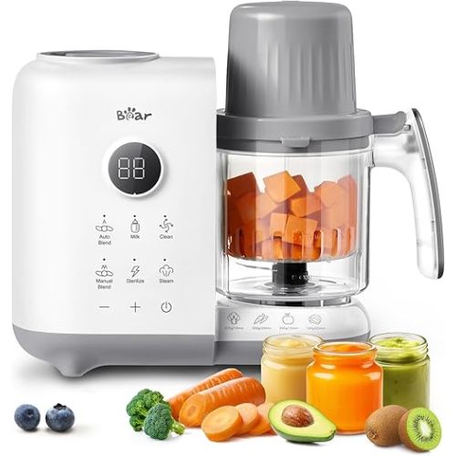Bear Baby Food Maker with Two Layer Steam Baskets, One Step Baby Food Processor Steamer Puree Blender, Baby Food Mill with Bottle Warming Sterili-zing Auto Cleaning Function, BPA-Free, White