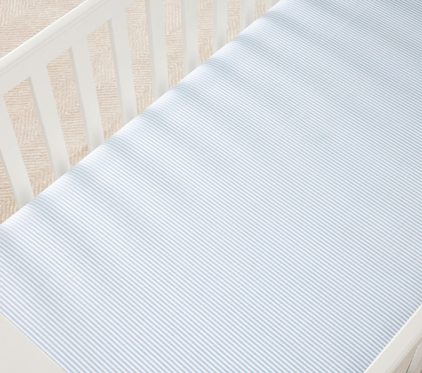 Oxford Stripe Organic Crib Fitted Sheet in Chambray Blue