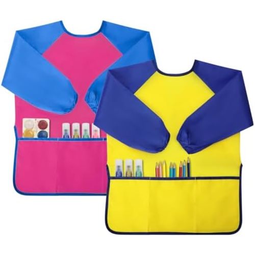 Kids Painting Apron 2 Pack, Waterproof Toddler Art Smock, Artist Smock for Kids Age 2-8 with Long Sleeve and 3 Pockets