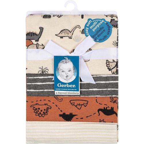 Gerber Unisex Baby 100% Cotton Flannel Receiving Blankets for Babies and Newborns 30x30 Inches (Pack of 4), Dino