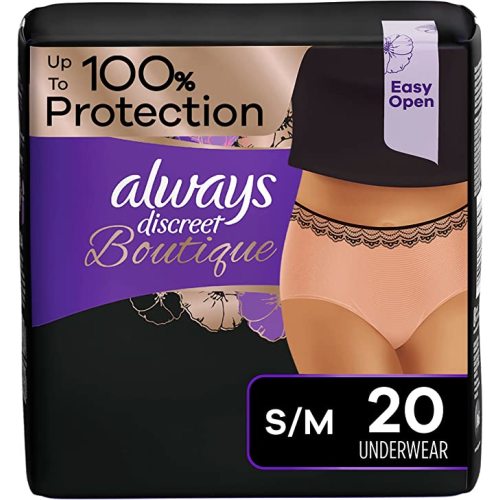 Always Discreet Boutique, Incontinence & Postpartum Underwear For Women, High-Rise, Size Small/Medium, Rosy, Maximum Absorbency, Disposable, 20 Count