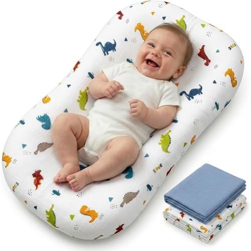 Infant Support Mat, 2 Pack Muslin Cotton Cover, Supportive Tummy Time Mat for Supervised Awake Use, Lightweight Portable Baby Activity Pad (0-24 Months), Blue-Gray & Animal