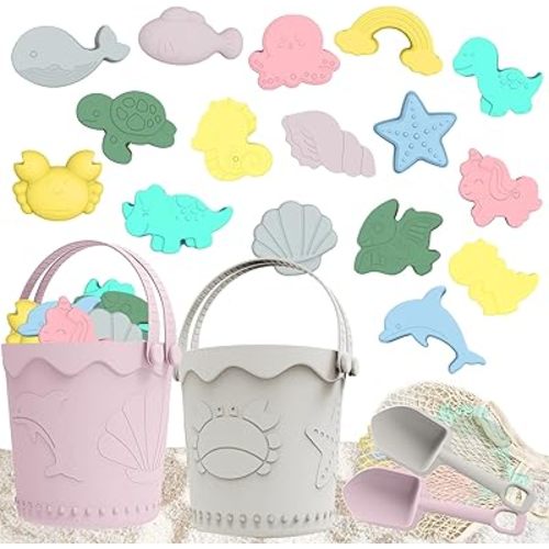 Silicone Beach Toys, 21Pcs Baby Beach Toys, Travel Friendly Beach Set, 2 Bucket, 2 Shovel, 16 Sand Molds, Beach Bag, 1 Pack Sand Toys for Toddlers, Kids