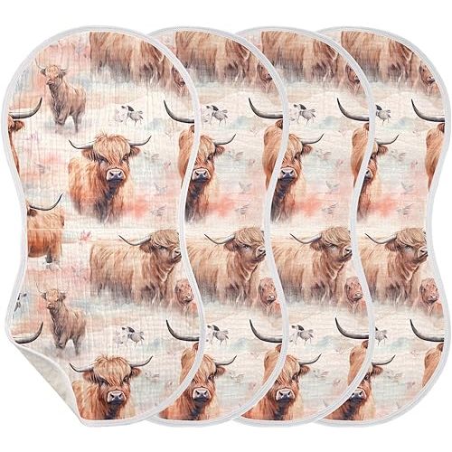 Cute Highland Cow Burp Cloths for Baby Boys Girls 4 Pack Burping Cloth, Burp Clothes, Newborn Towel, Milk Spit Up Rags,Burpy Cloth 202a7257